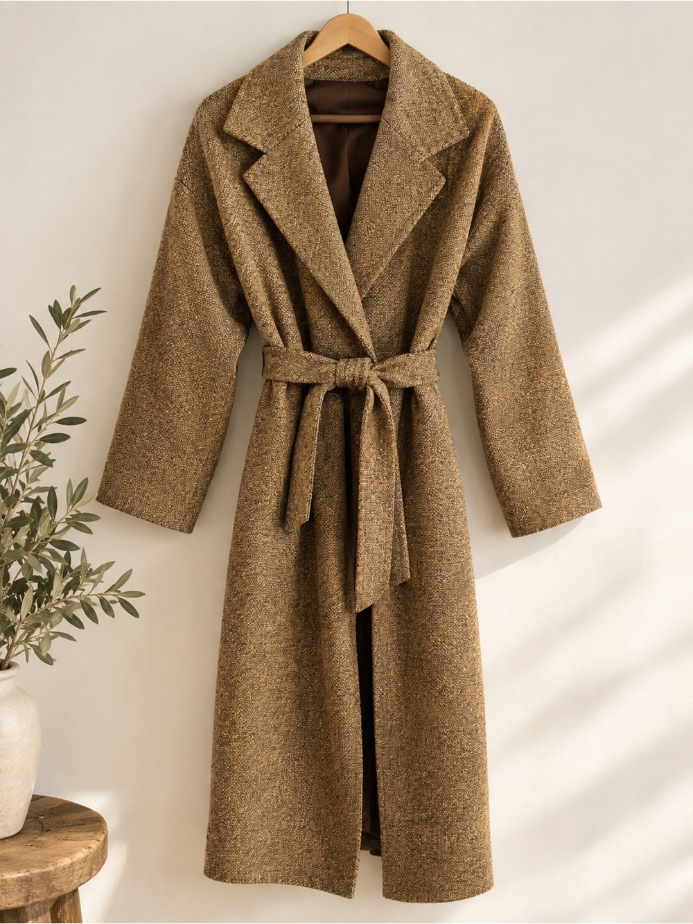 Camel Brown Wrap Coat Belted Longline Wool Look Vintage Inspired S